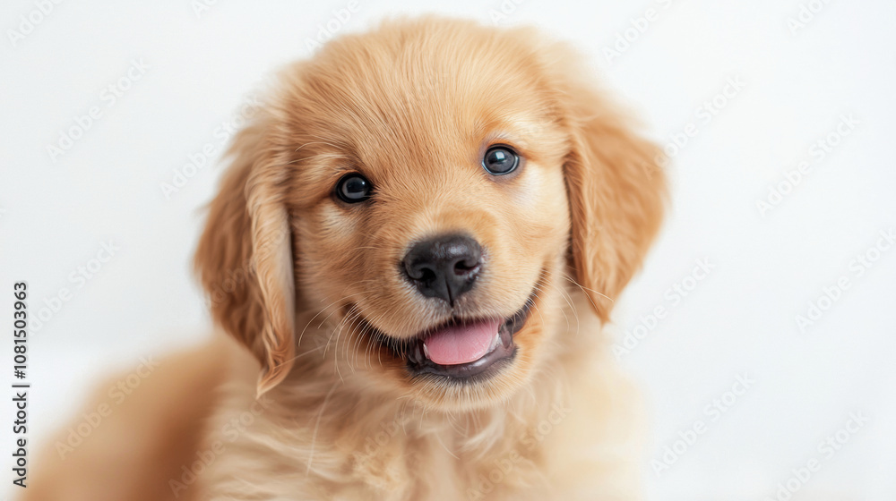 A cute dog puppy looks at camera simple white background with copy space. pet fashion portrait minimalism adorable wallpaper 