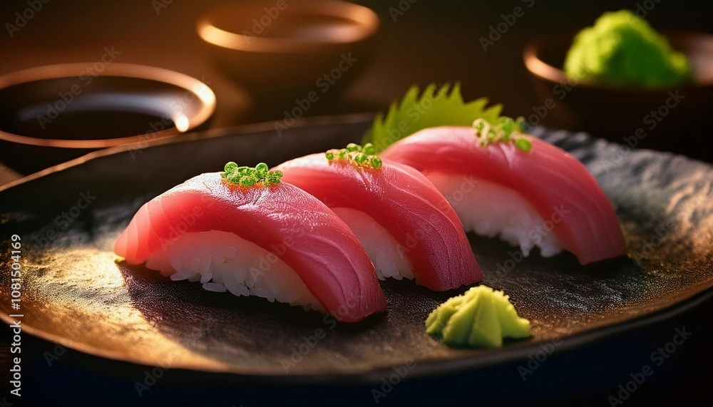 Clean Presentation of Maguro Nigiri Sushi with Fresh Tuna and Wasabi, Captured on a Sleek Black Plate for a Bold and Modern Look Clean Presentation of Maguro Nigiri Sushi with Fresh Tuna and Wasabi, Captured on a Sleek Black Plate for a Bold and Modern Look