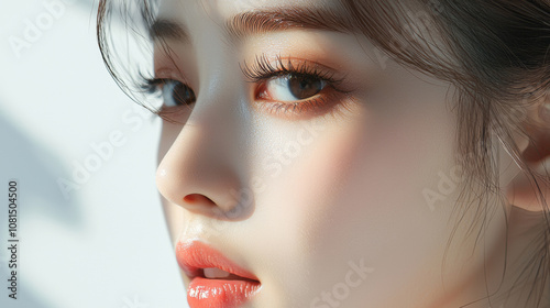 Beautiful young asian woman with long eyelashes extensions pink glitter eyeshadow makeup red lips fashion closeup background. cosmetic beauty product spa salon banner poster wallpaper 