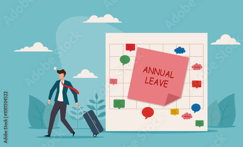 Annual leave, take day off or vacation to rest and relax from hard work. Businessman takes annual leave, holding suitcase, with calendar noting the dates. Ideal for vacation, time off