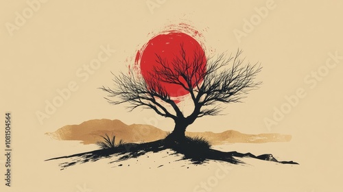 Stylized black mesquite tree inside a red sun, placed in a minimalist desert scene, capturing Japanese print aesthetics.