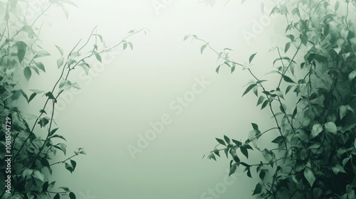 Green leaves on a foggy background with space for your text.