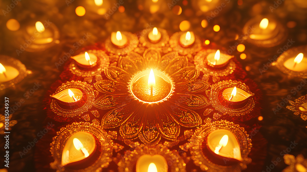 background featuring an intricate mandala pattern in vibrant shades of gold and deep red, embellished with glowing oil lamps and floral motifs. Oriental festival of lights. Ramadan background featuring an intricate mandala pattern in vibrant shades of gold and deep red, embellished with glowing oil lamps and floral motifs. Oriental festival of lights. Ramadan