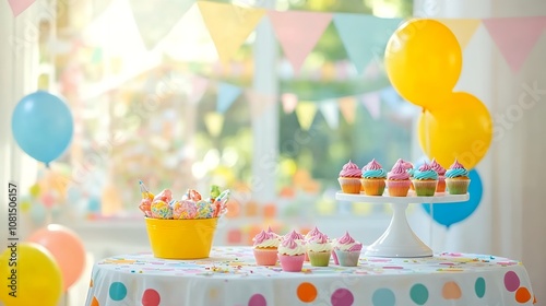 Colorful cupcakes on a dessert table with balloons and bunting decorations. Bright indoor party setup with natural light. Celebration and birthday party concept. 