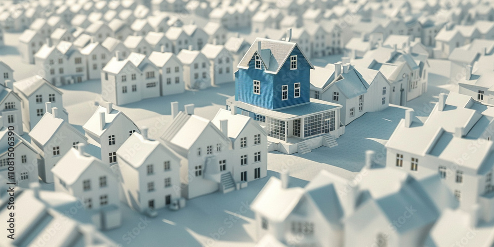Miniature Blue house in among white houses for real estate property industry