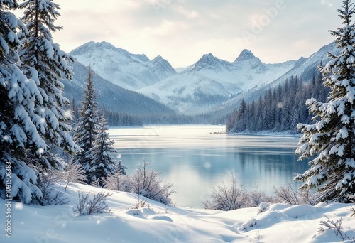 Majestic Winter Mountain Landscape With Snowy Pine Trees Background