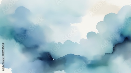 Abstract Watercolor Art with Soft Blue and White Cloud-Like Forms Creating a Serene and Tranquil Atmosphere