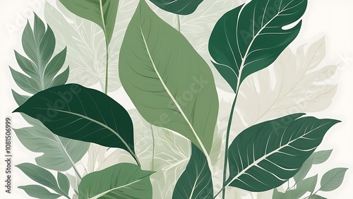 Wallpaper Mural Seamless Digital Illustration of Tropical Leaves Pattern in Various Shades of Green on Beige Background Torontodigital.ca