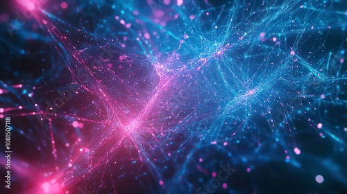 Abstract blue and pink glowing light network pattern background.