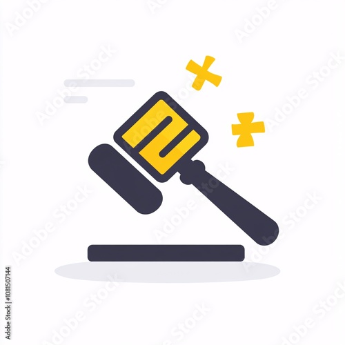 2408_090.A simple vector icon illustration depicting of financial regulation rulebook forming  judge's gavel, representing  market oversight, at center for a website isolated white background photo