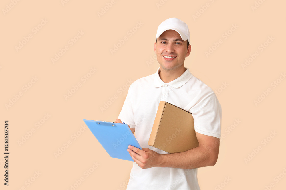 Delivery man with parcel box writing in clipboard on beige background Delivery man with parcel box writing in clipboard on beige background