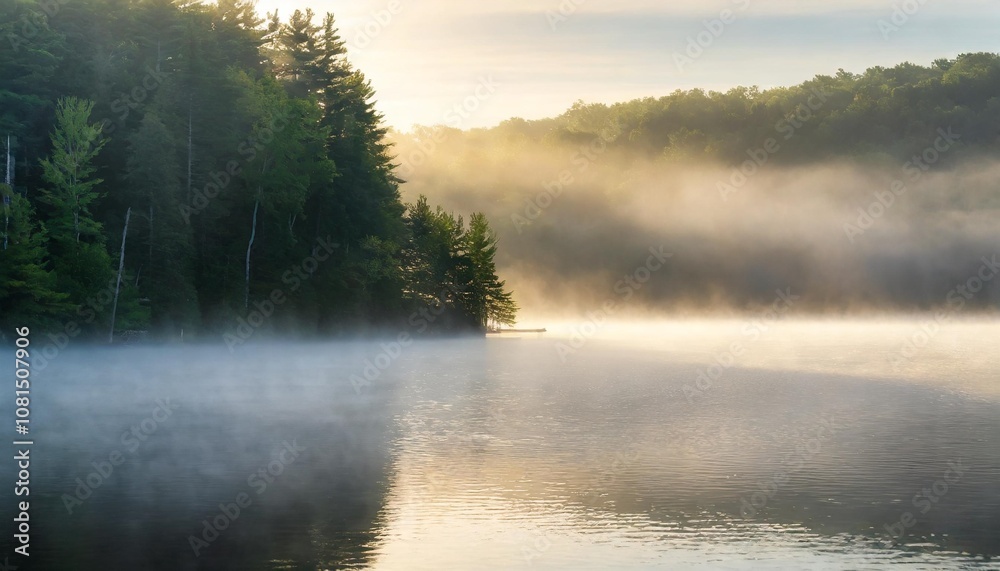 Misty Morning on a Tranquil Lake With Rolling Fog Hovering Over the Water and a Distant Forest Just Visible Through the Hazy Light of Dawn Misty Morning on a Tranquil Lake With Rolling Fog Hovering Over the Water and a Distant Forest Just Visible Through the Hazy Light of Dawn