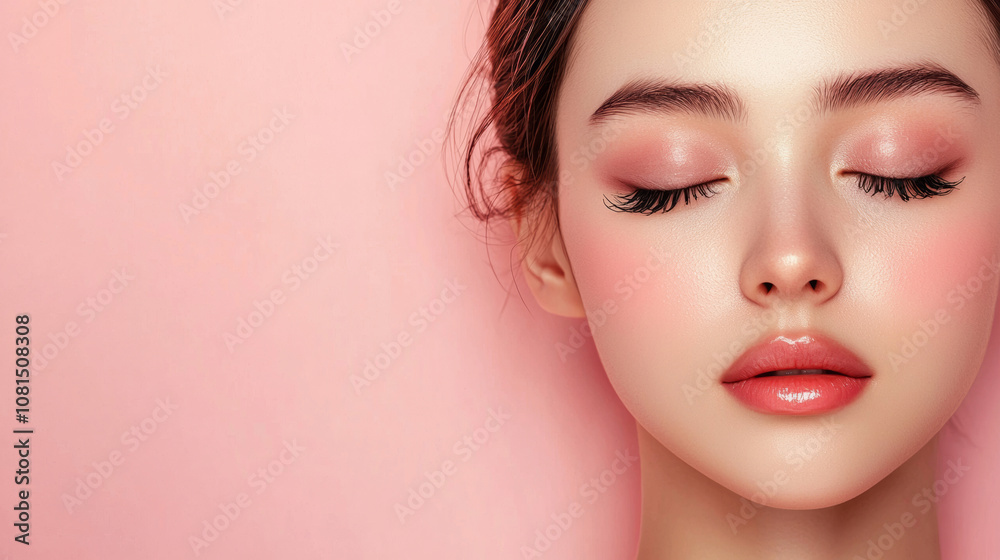 Beautiful young asian woman with long eyelashes extensions pink glitter eyeshadow makeup red lips fashion closeup background. cosmetic beauty product spa salon banner poster wallpaper Beautiful young asian woman with long eyelashes extensions pink glitter eyeshadow makeup red lips fashion closeup background. cosmetic beauty product spa salon banner poster wallpaper