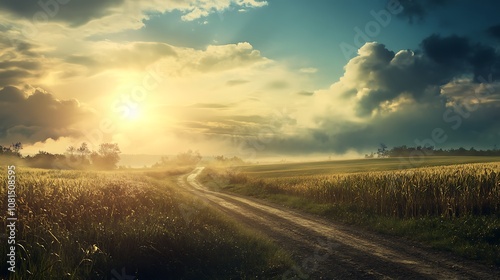 Rural landscape at sunset with dirt road leading to the horizon and sun shining through clouds. Peaceful, serene, inspirational, hope, nature, photography