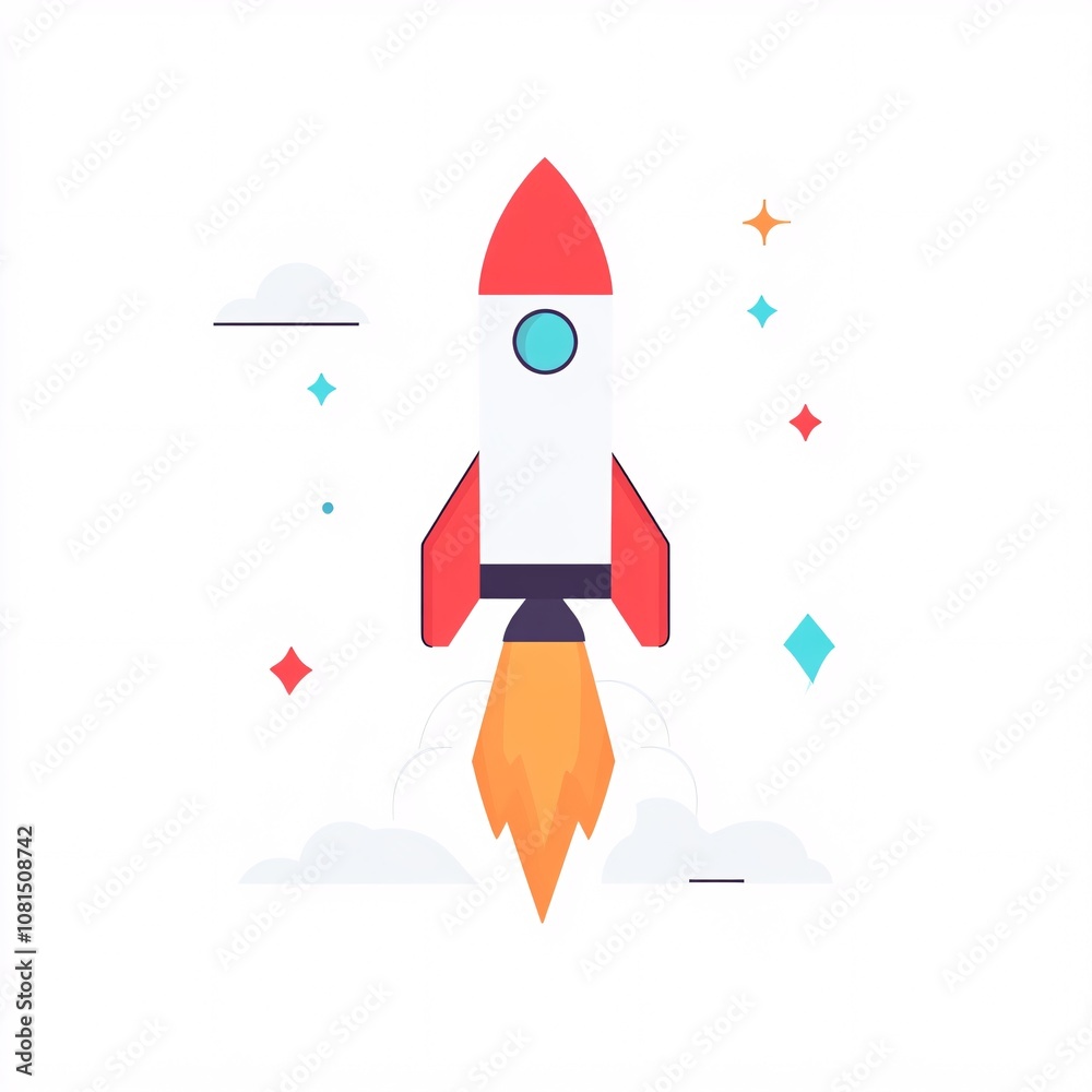 2408_041.A simple vector icon illustration depicting of toy rocket forming launch pad model, representing rapid growth potential, at center for a website isolated white background 2408_041.A simple vector icon illustration depicting of toy rocket forming launch pad model, representing rapid growth potential, at center for a website isolated white background