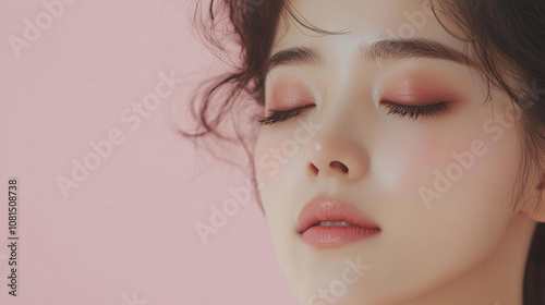 Beautiful young asian woman with long eyelashes extensions pink glitter eyeshadow makeup red lips fashion closeup background. cosmetic beauty product spa salon banner poster wallpaper 