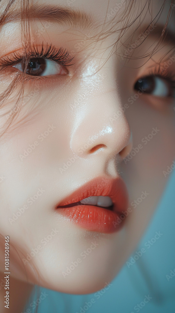 Beautiful young asian woman with long eyelashes extensions pink glitter eyeshadow makeup red lips fashion closeup background. cosmetic beauty product spa salon banner poster wallpaper Beautiful young asian woman with long eyelashes extensions pink glitter eyeshadow makeup red lips fashion closeup background. cosmetic beauty product spa salon banner poster wallpaper