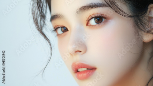Beautiful young asian woman with long eyelashes extensions pink glitter eyeshadow makeup red lips fashion closeup background. cosmetic beauty product spa salon banner poster wallpaper 
