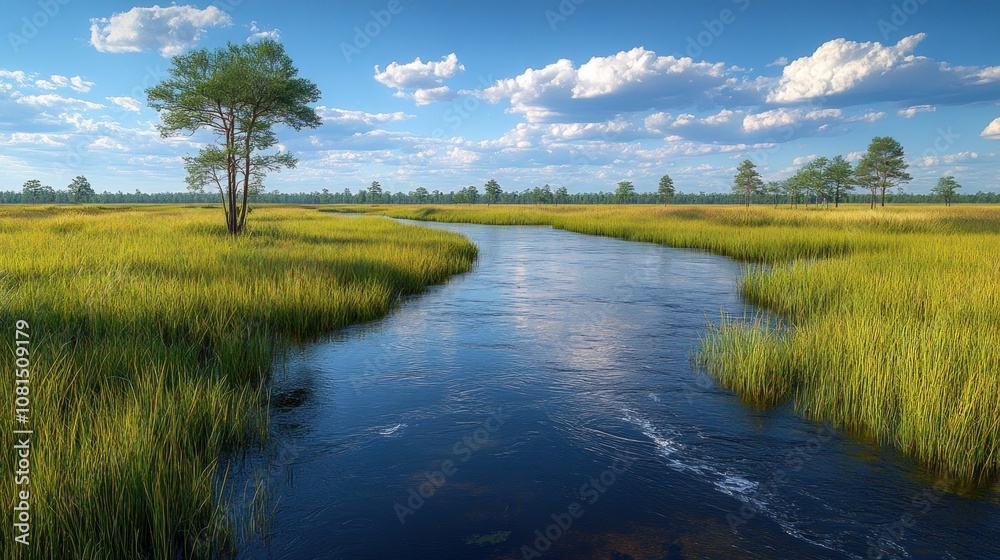 Serene river flowing through lush green wetlands under a blue sky. Serene river flowing through lush green wetlands under a blue sky.