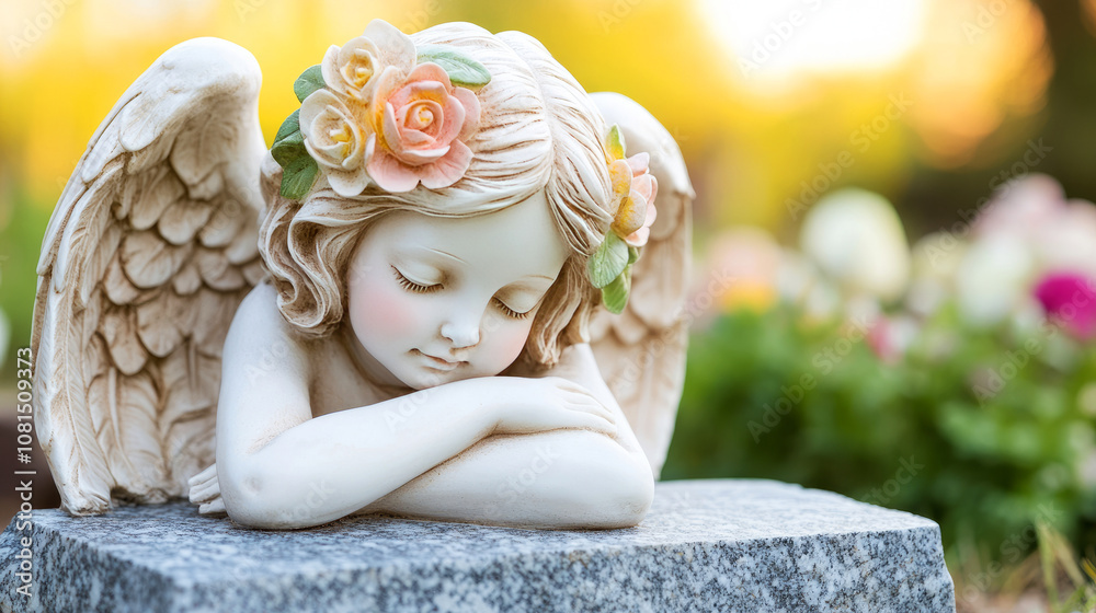 Serene Angel Statue with Flowers in a Garden Setting, Capturing Tranquility and Peaceful Remembrance in Nature’s Embrace
