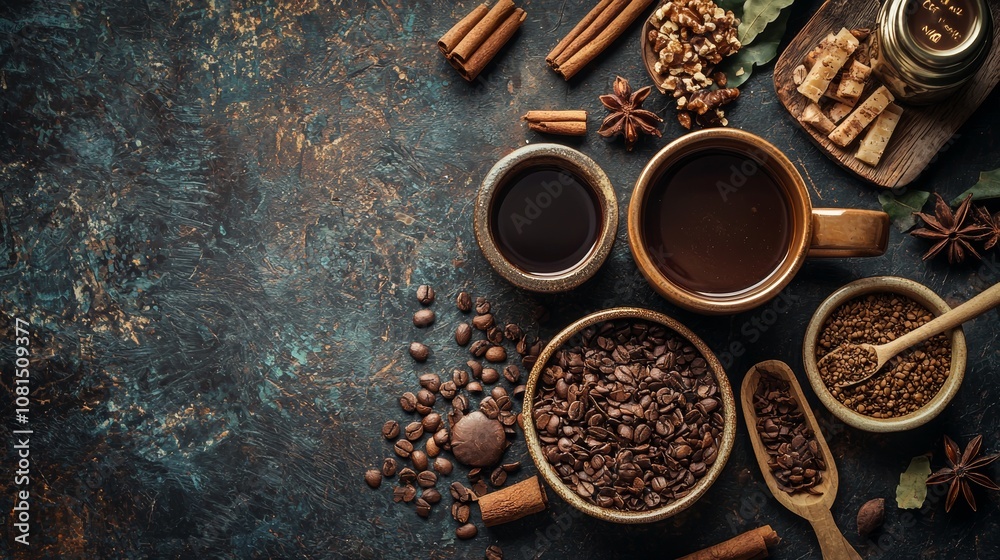 Top view of coffee setup with beans, cinnamon sticks, and spices Top view of coffee setup with beans, cinnamon sticks, and spices
