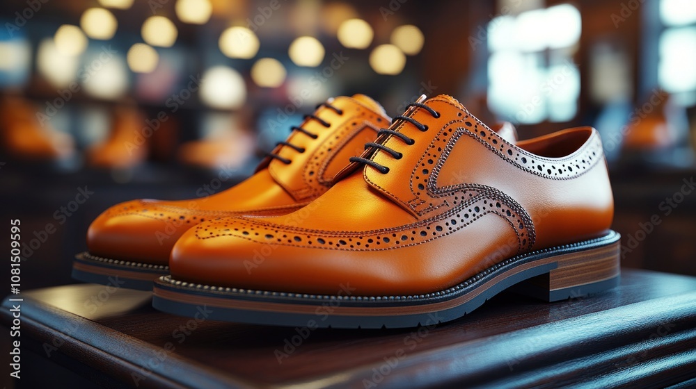 Close-up of a pair of stylish brown leather brogue shoes on a wooden shelf.