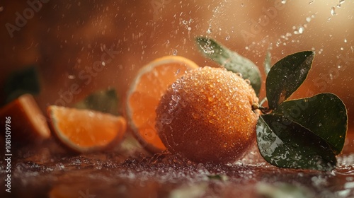 Fresh orange with water droplets and slices in a warm setting photo