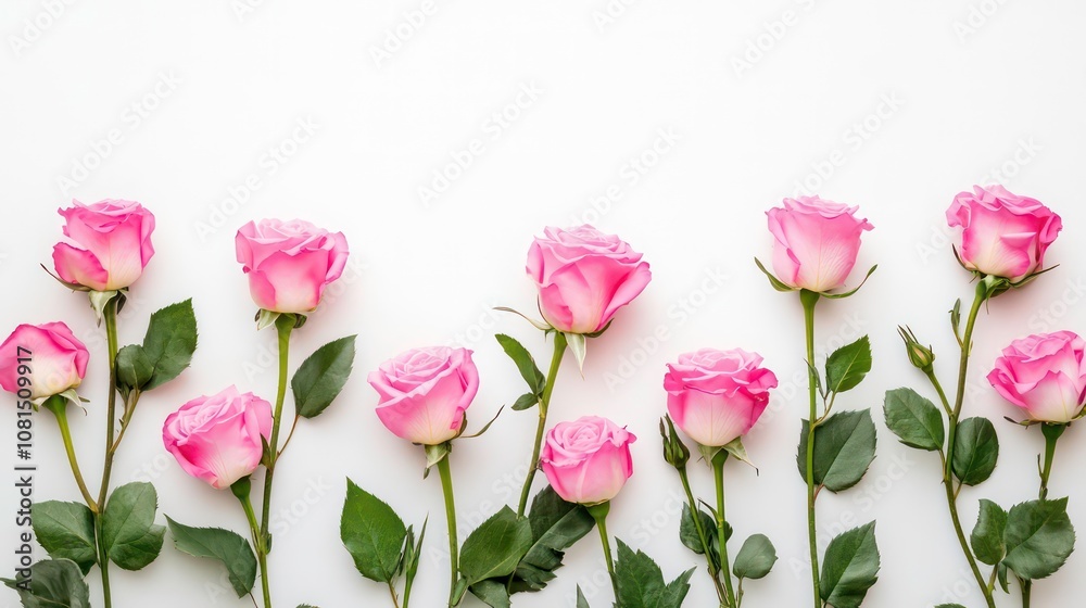 Fototapeta premium A row of pink roses with green leaves arranged on a white background.