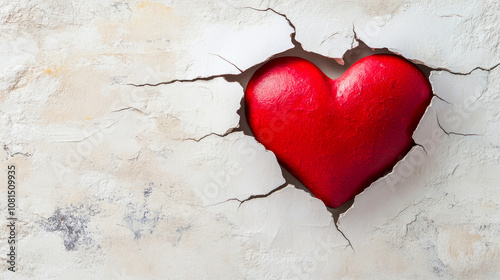 Vibrant Red Heart Emerging from Cracked White Wall Symbolizing Love, Emotion, and Resilience in Artistic Creative Expression and Design