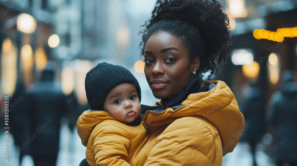 mother holding her baby in cozy yellow jacket, both looking serene in bustling urban setting. scene captures warmth and connection amidst city life
