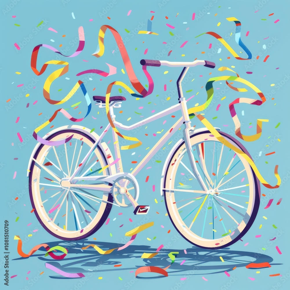 Fototapeta premium Colorful Cartoon Bicycle with Streamers on Handlebars Surrounded by Festive Confetti in a Bright Blue Background for Vibrant Illustrations