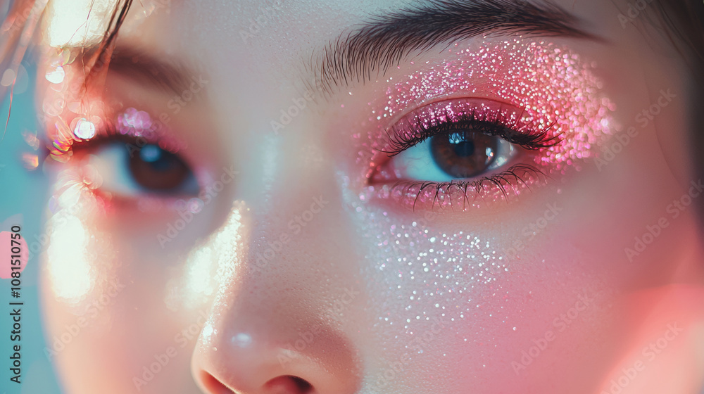 Beautiful young asian woman with long eyelashes extensions pink glitter eyeshadow makeup red lips fashion closeup background. cosmetic beauty product spa salon banner poster wallpaper Beautiful young asian woman with long eyelashes extensions pink glitter eyeshadow makeup red lips fashion closeup background. cosmetic beauty product spa salon banner poster wallpaper