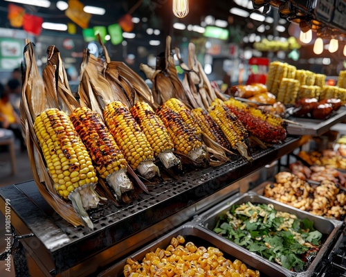 Grilled corn on the cob displayed at a lively food market, vibrant and appetizing.