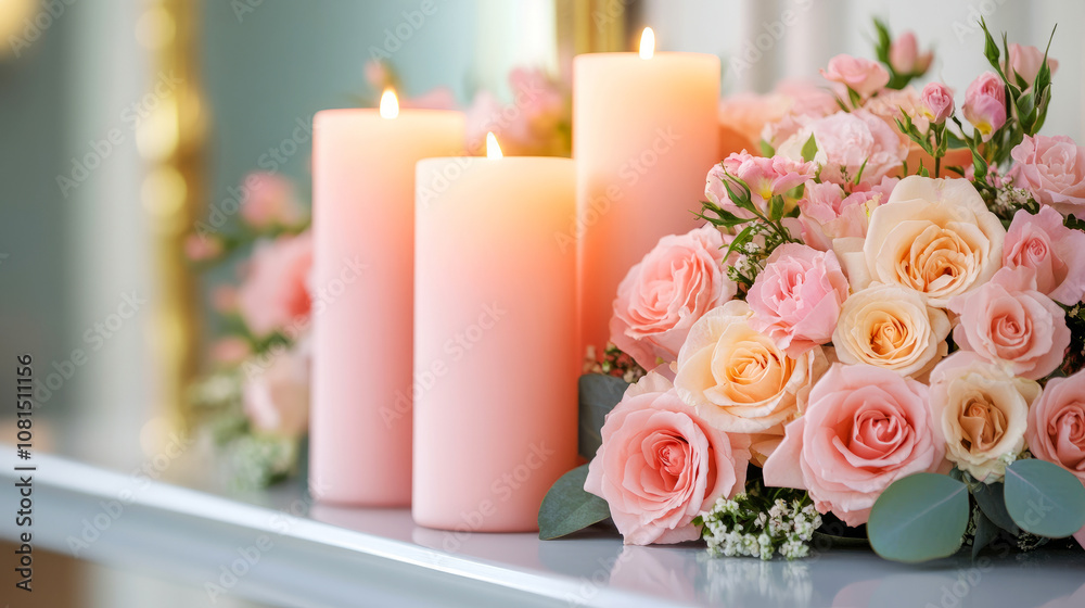Beautiful Floral Arrangement with Pink and Peach Roses Surrounded by Soft Candles Creating a Romantic Atmosphere for Any Special Occasion or Event Decoration