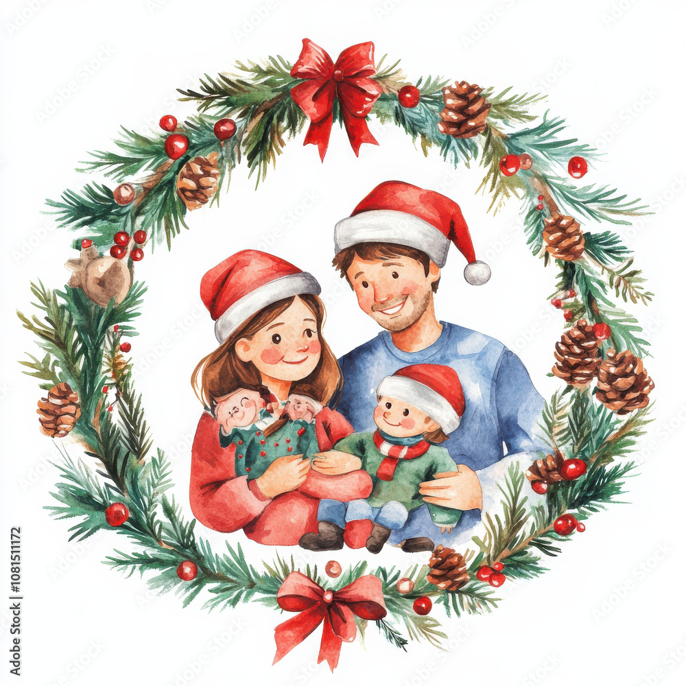 joyful family portrait celebrating Christmas, featuring parents with their children in festive attire, surrounded by decorative wreath joyful family portrait celebrating Christmas, featuring parents with their children in festive attire, surrounded by decorative wreath