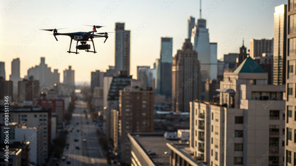 Aerial view of city skyline with drone casting shadow over buildings, empty streets symbolizing state of alert. Aerial view of city skyline with drone casting shadow over buildings, empty streets symbolizing state of alert.