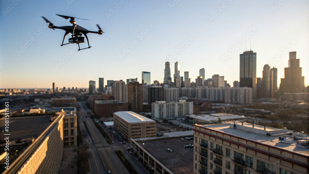 Aerial view of city skyline with drone casting shadow over buildings, empty streets symbolizing state of alert. Aerial view of city skyline with drone casting shadow over buildings, empty streets symbolizing state of alert.