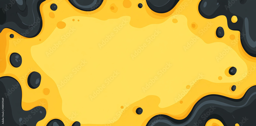 Fototapeta premium Bright yellow abstract background with black fluid shapes creating dynamic design