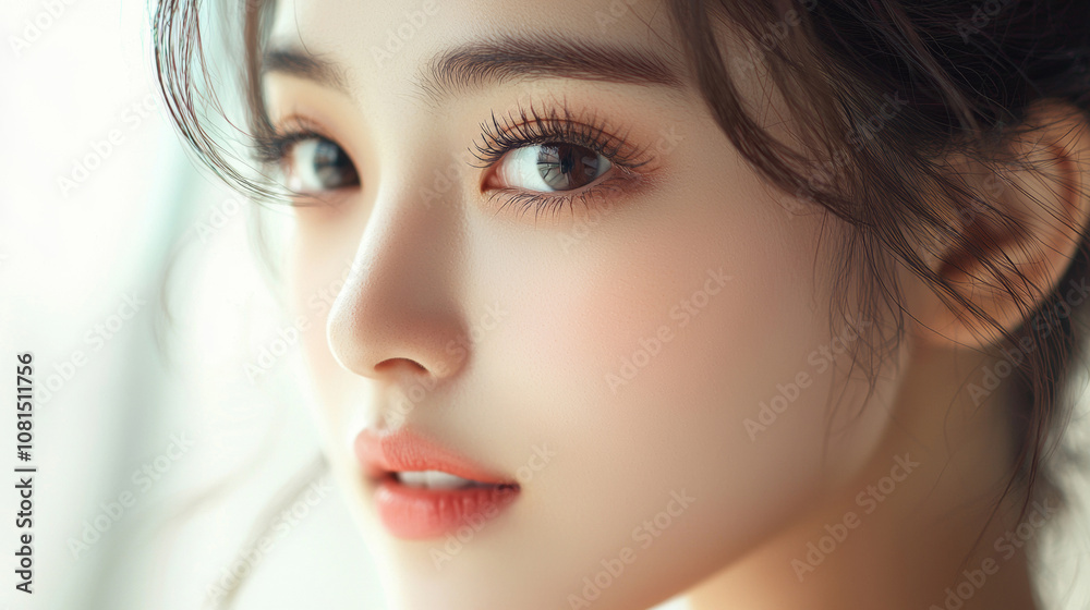 Beautiful young asian woman with long eyelashes extensions eyeshadow clean natural makeup red lips fashion closeup background. cosmetic beauty product spa salon banner poster wallpaper Beautiful young asian woman with long eyelashes extensions eyeshadow clean natural makeup red lips fashion closeup background. cosmetic beauty product spa salon banner poster wallpaper