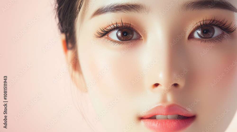 Fototapeta premium Beautiful young asian woman with long eyelashes extensions pink glitter eyeshadow makeup red lips fashion closeup background. cosmetic beauty product spa salon banner poster wallpaper 