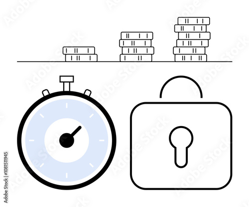 Stack of coins a stopwatch and a padlock. Ideal for financial planning, savings, time management, security, investment, cost efficiency, and risk management. Line metaphor
