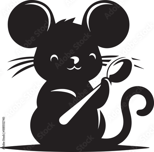 Silhouette of a mouse with a playful smirk holding a small spoon