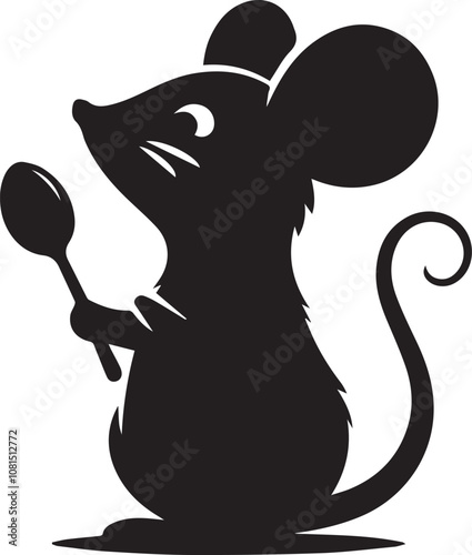 Silhouette of a mouse with a playful smirk holding a small spoon