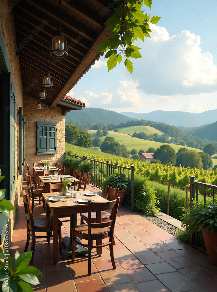 Fototapeta premium A rustic farmhouse café set amidst rolling hills and vineyards, serving farm-to-table cuisine and locally sourced ingredients, Generative AI