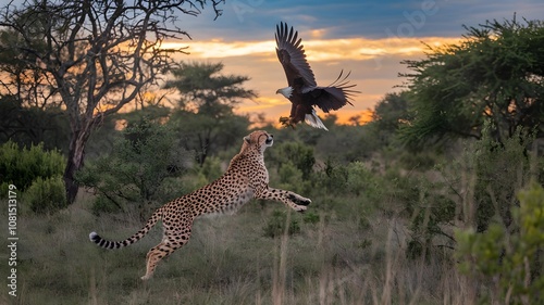 Wildlife photography a cheetah is attacking an eagle in a forest _ setting sun