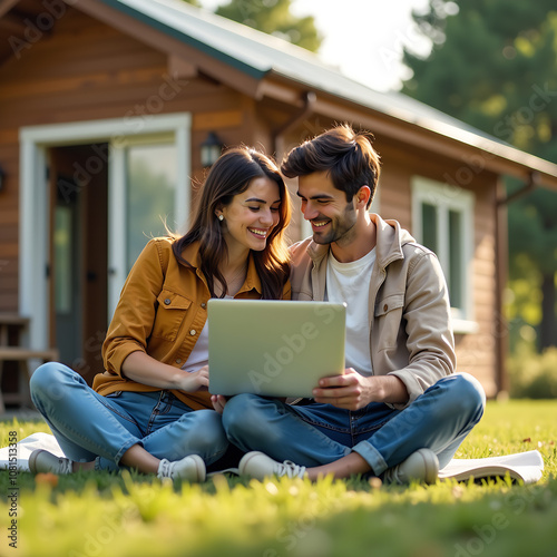 young couple happy resting outdoors with laptop in tiny house weekend away remote office concept.illustration