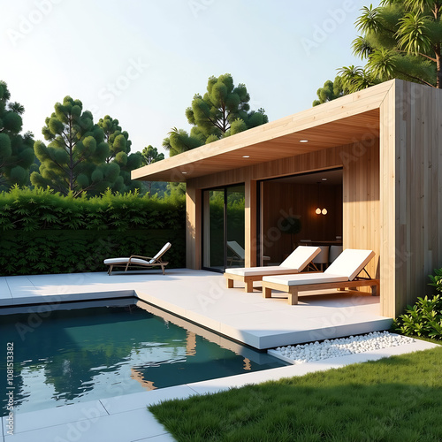 Minichalet de madera con un gran patio con césped y con tablones de madera a modo de camino hacia la piscina