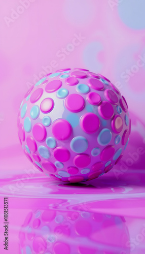 Colorful sphere 3d render pink blue ball pattern with rubber texture with reflections. Abstract art fashion background. Awesome abstract overflow substance. Concept spot for design.Copy space for ad