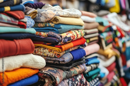 A colorful display of folded clothes in a marketplace.