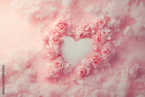 Romantic pink composition, decorated with roses, heart shape.